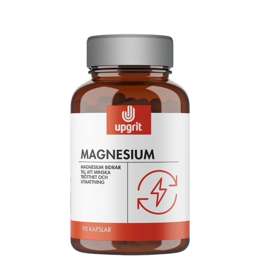 Upgrit Magnesium 90 caps kosttilskudd i en brun boks med hvit etikett og røde detaljer.