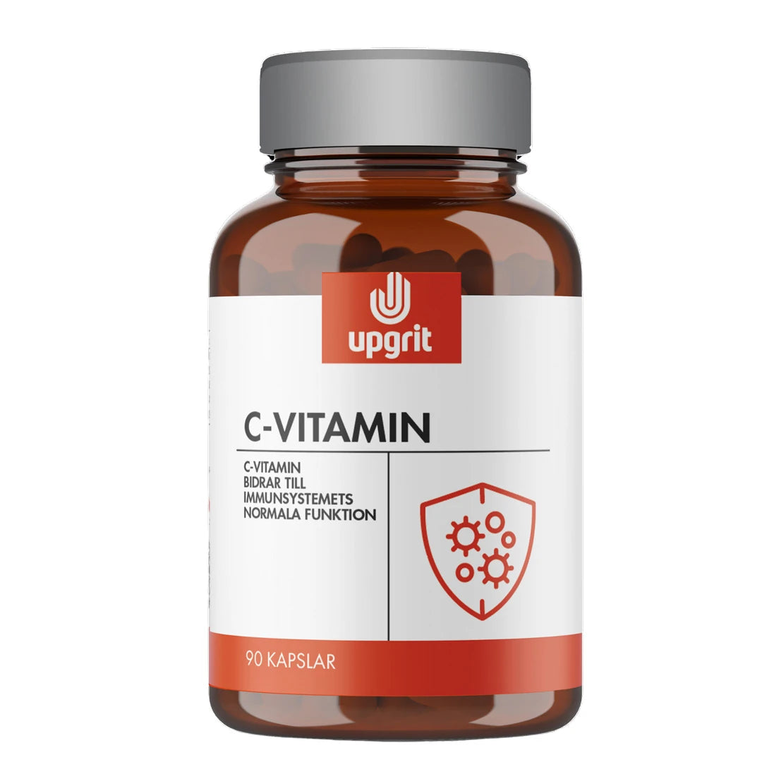 Upgrit C-vitamin 90 caps i en brun boks med hvit etikett, sølvlokk og rød detalj med immunsystemskjold.