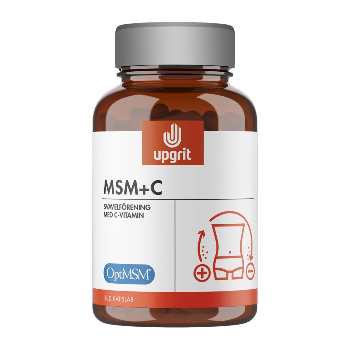 Upgrit MSM + C 180 caps pakket i en brun plastboks med hvit etikett og grått lokk.
