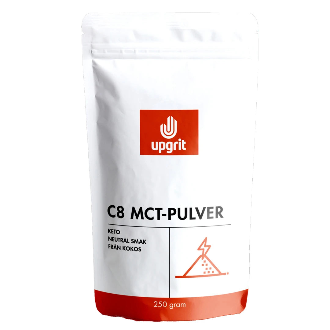 Upgrit C8 MCT-pulver 250 g pakket i en stilren hvit pose med røde detaljer.