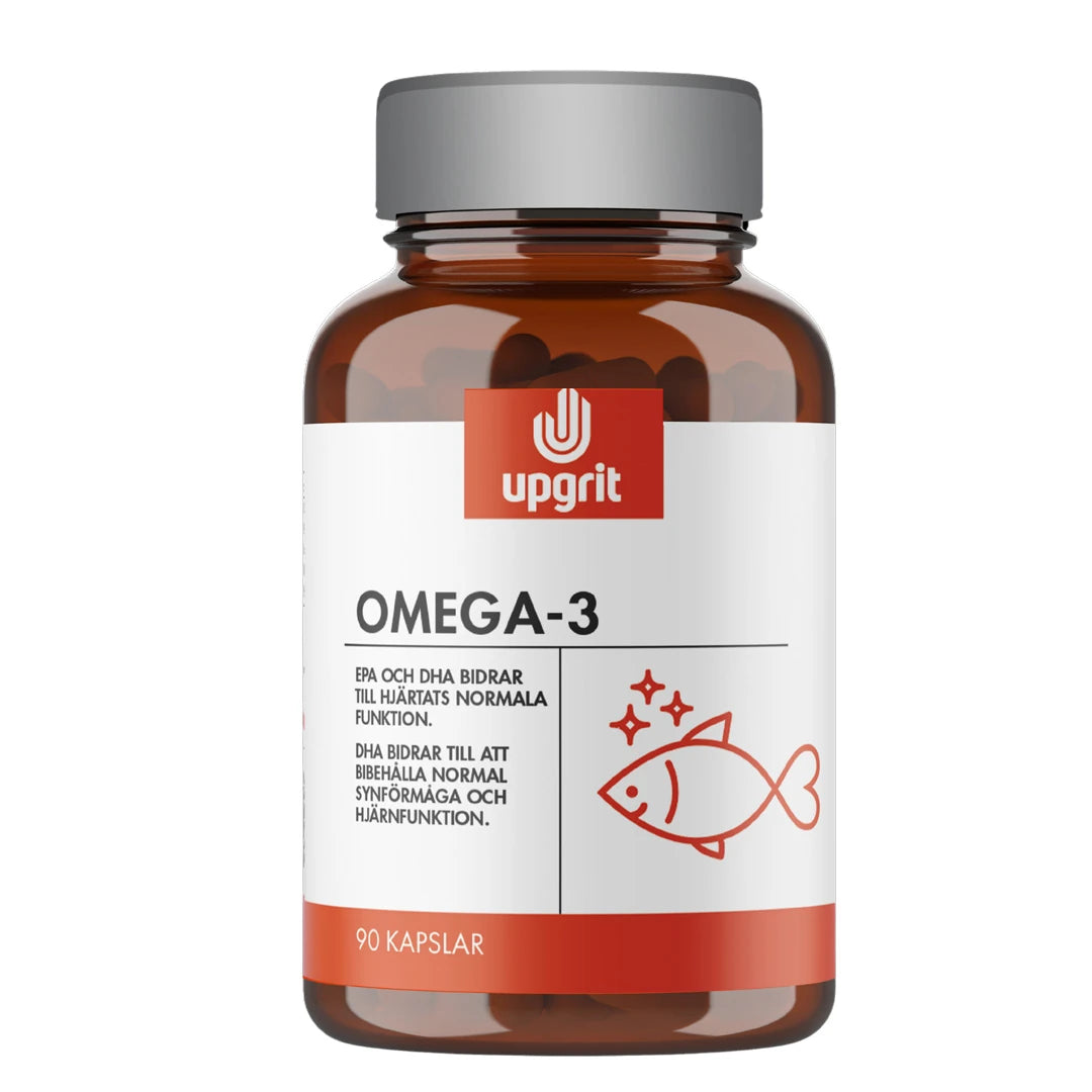 Upgrit Omega-3 90 caps i en mørkebrun boks med sølvlokk, hvit etikett med røde detaljer og en fiskeillustrasjon.