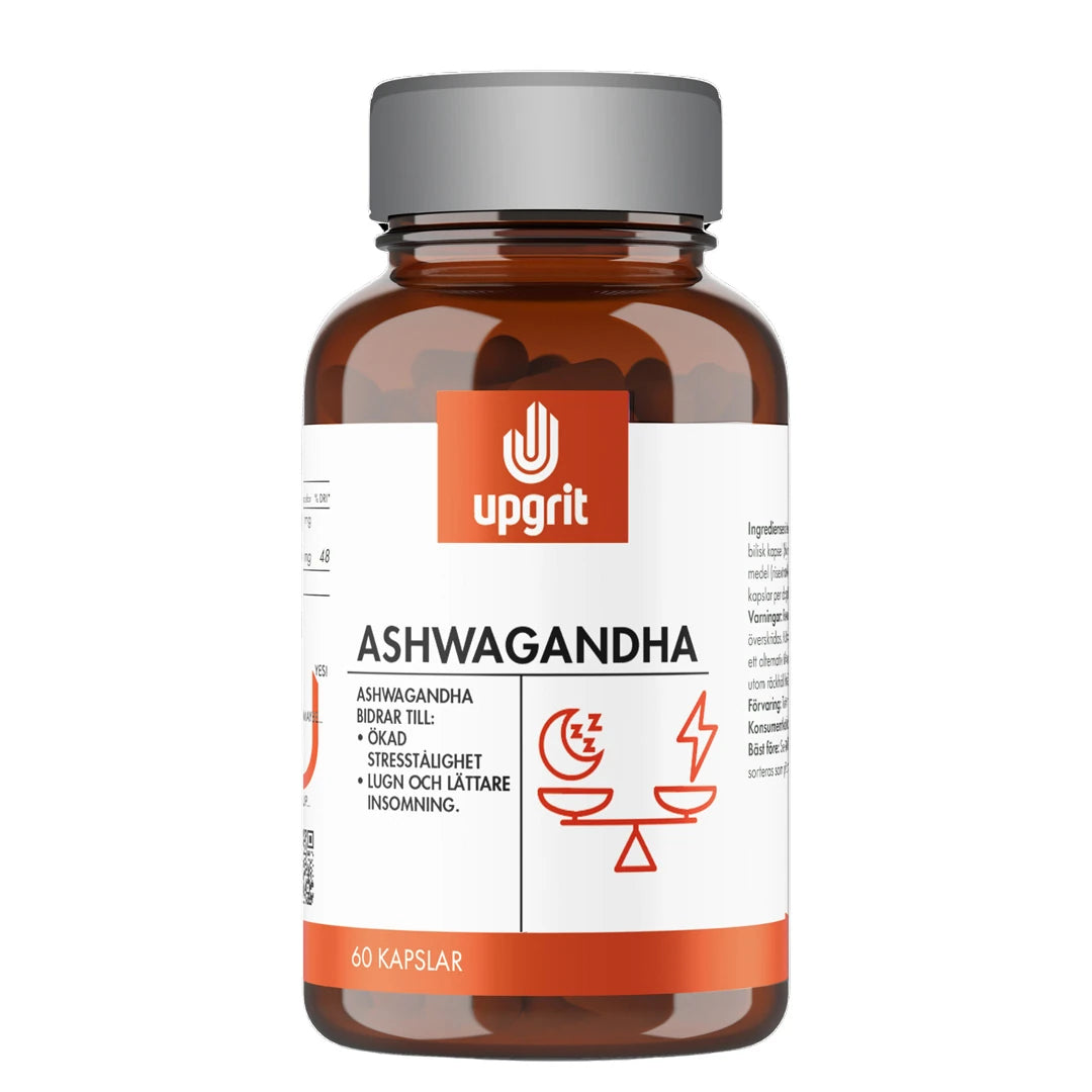 Upgrit Ashwaganda 60 caps i en brun boks med hvit og oransje etikett, for økt stresstoleranse.