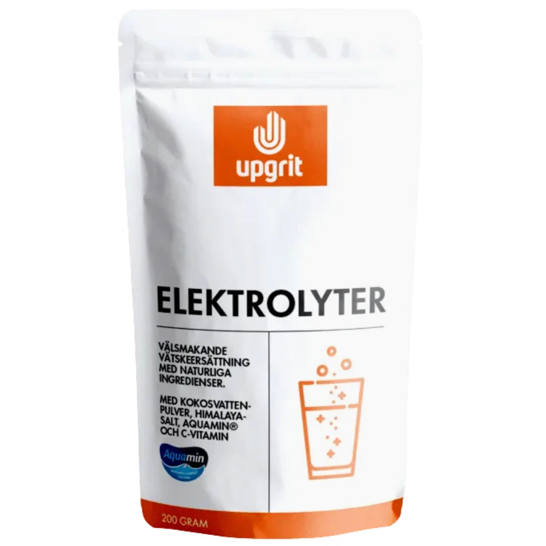 Upgrit Elektrolyter 200 g elektrolyttpulver pakket i en hvit pose med oransje detaljer.