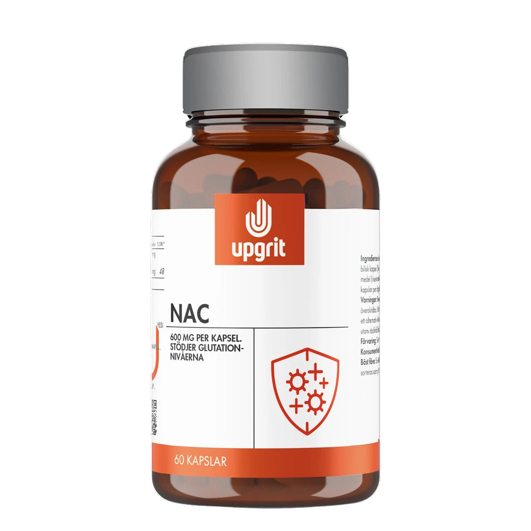 Upgrit NAC 60 caps kosttilskudd i en mørkebrun boks med grått lokk, hvit etikett og oransje detaljer.