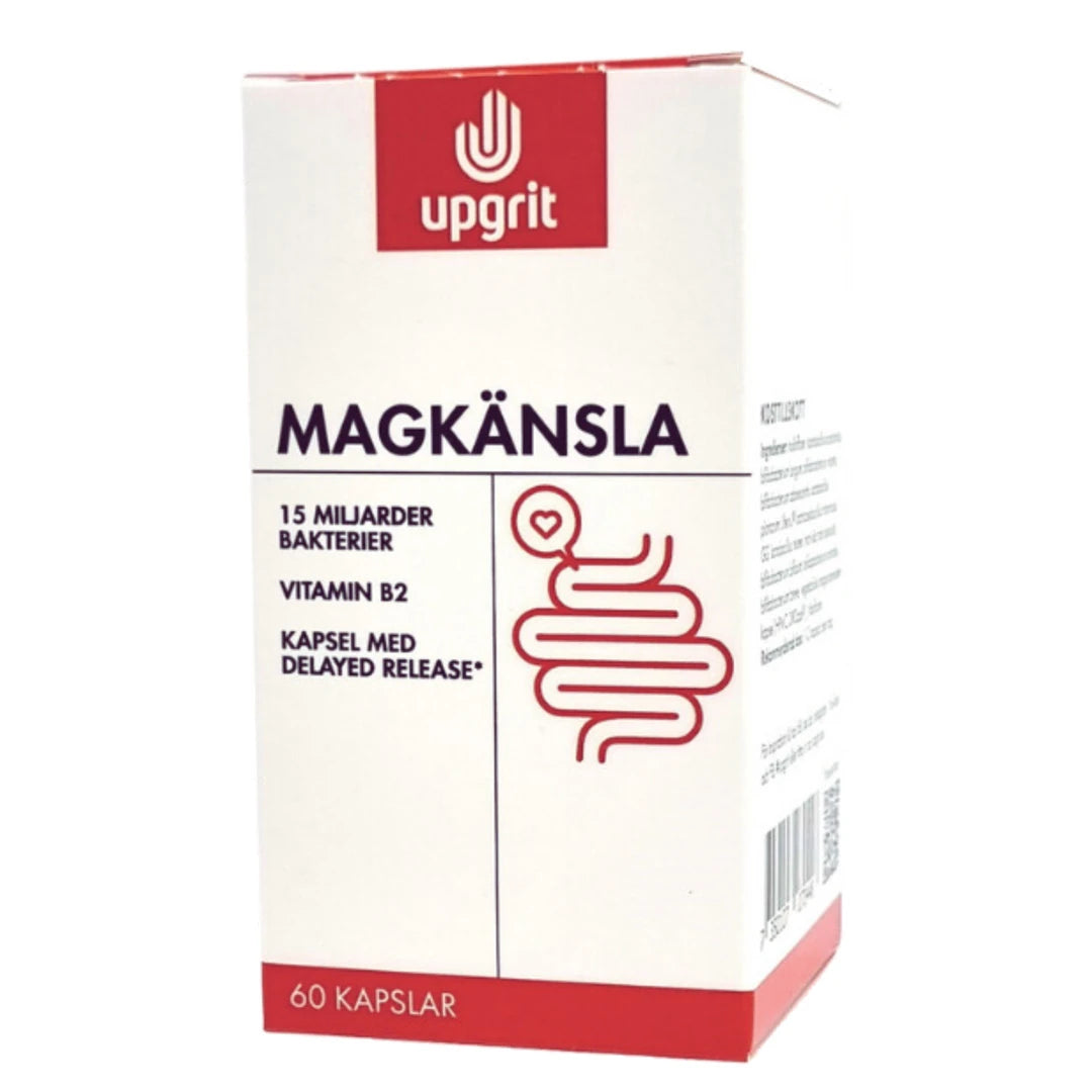 Upgrit Magkänsla Mjölksyrabakterier 60 caps i en hvit kartong med rød logo og illustrasjon for magehelse.