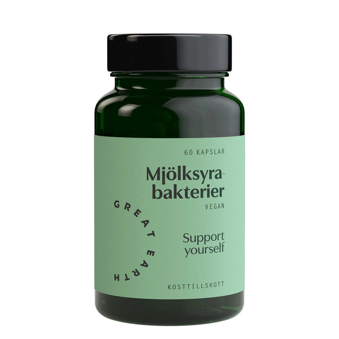 Great Earth Mjölksyrabakterier 60 caps kosttilskudd i en mørkegrønn plastboks med lysegrønn etikett.