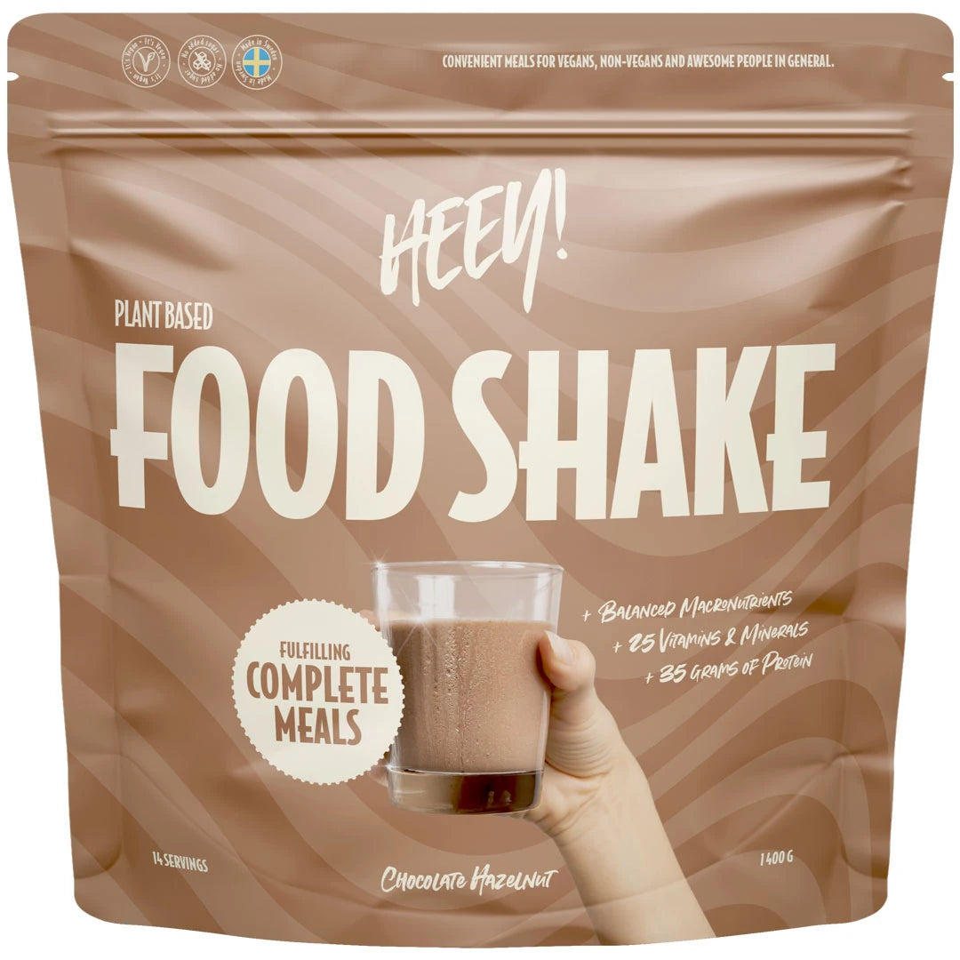 Brun pose med Heey! Food Shake 1.4 kg vegansk måltidserstatning i smaken Chocolate Hazelnut.