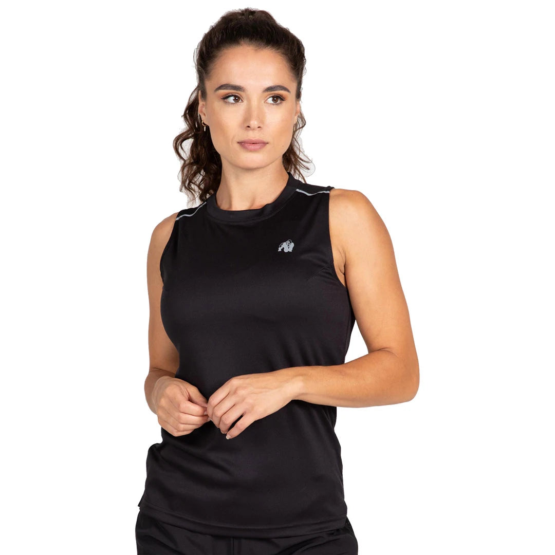 Gorilla Wear Mokena Tank Top Black, en svart treningssinglet for dame med reflekterende detaljer., bilde 3 av 6
