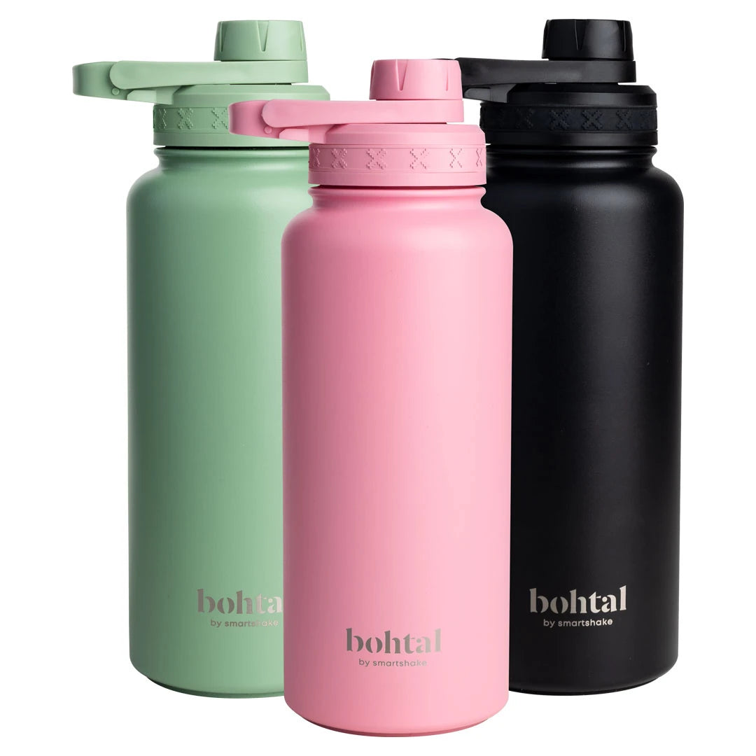 Bohtal Insulated Sports Bottle 960 ml i grønn, rosa og svart, laget av rustfritt stål.