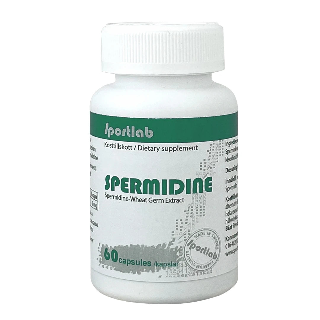 Sportlab Spermidine 60 caps, et kosttilskudd i en hvit plastboks med grønne detaljer og logo.