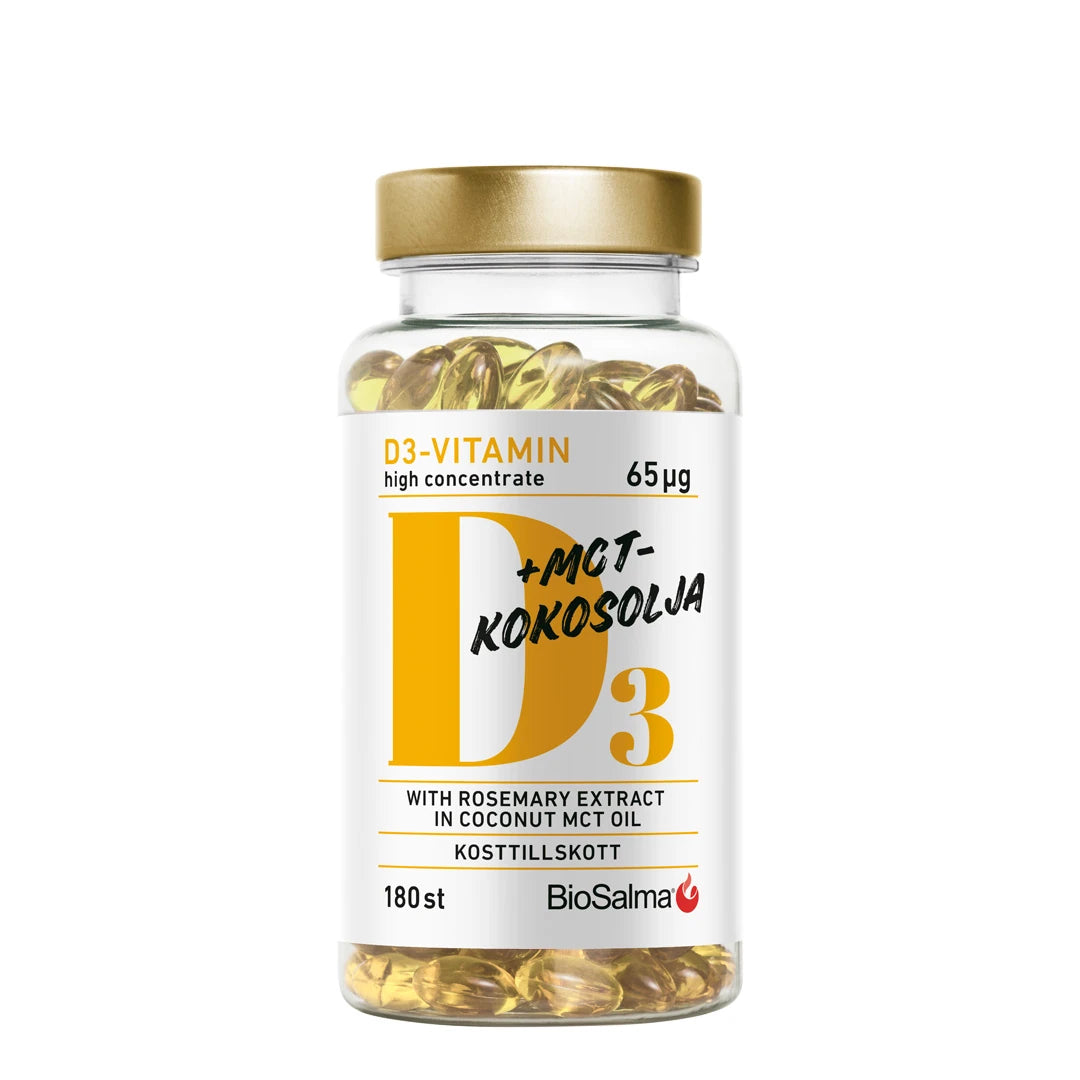 BioSalma D3 Vitamin 65 µg+ MCT 180 caps i en gjennomsiktig boks med gullokk og hvit etikett, fylt med gule kapsler.