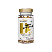 BioSalma D3 Vitamin 65 µg+ MCT 180 caps i en transparent burk med guldlock och vit etikett, fylld med gula kapslar.