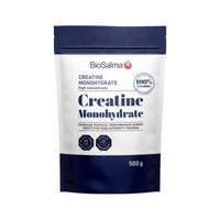 BioSalma Creatine Monohydrat 500 g kreatinpulver pakket i en hvit og mørkeblå pose.