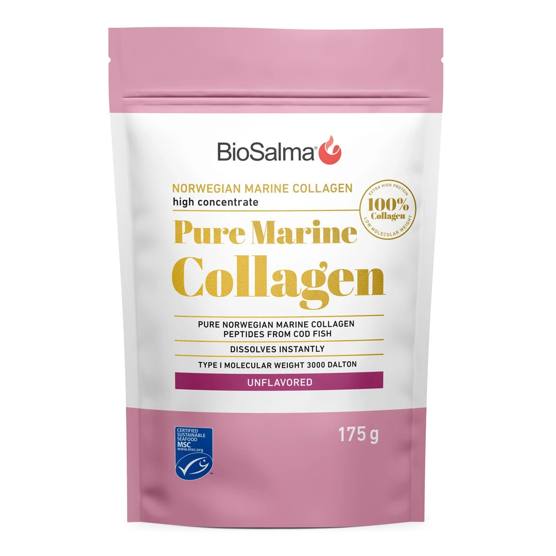 BioSalma Pure Norwegian Marine Collagen 175 g pakket i en hvit pose med rosa detaljer og gulltekst.