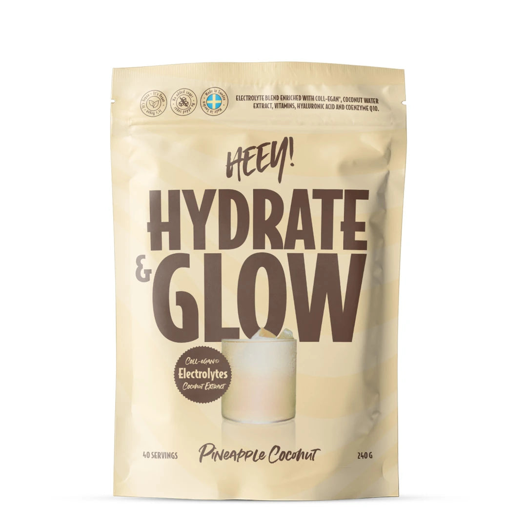 Heey! Elektrolytter + Coll-egan® 240 g elektrolyttpulver i en beige pose med smaken Pineapple Coconut.