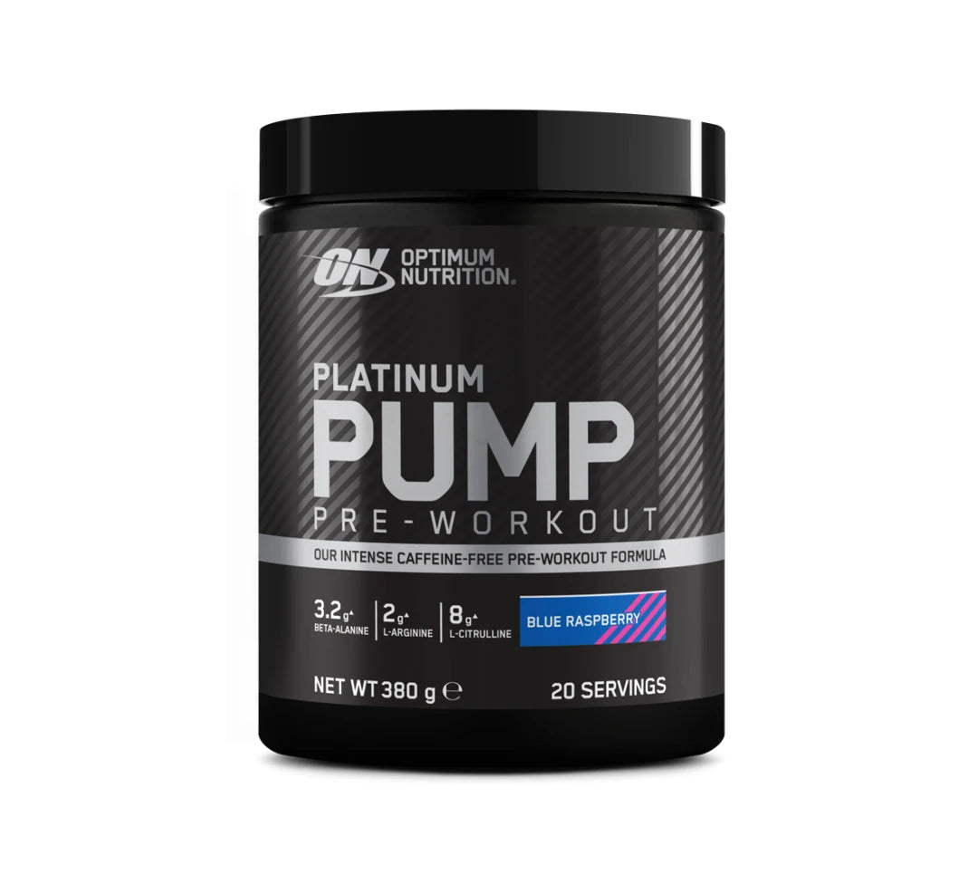 Optimum Nutrition PLATINUM PWO PUMP 380 g i en svart boks for smaken Blue Raspberry.
