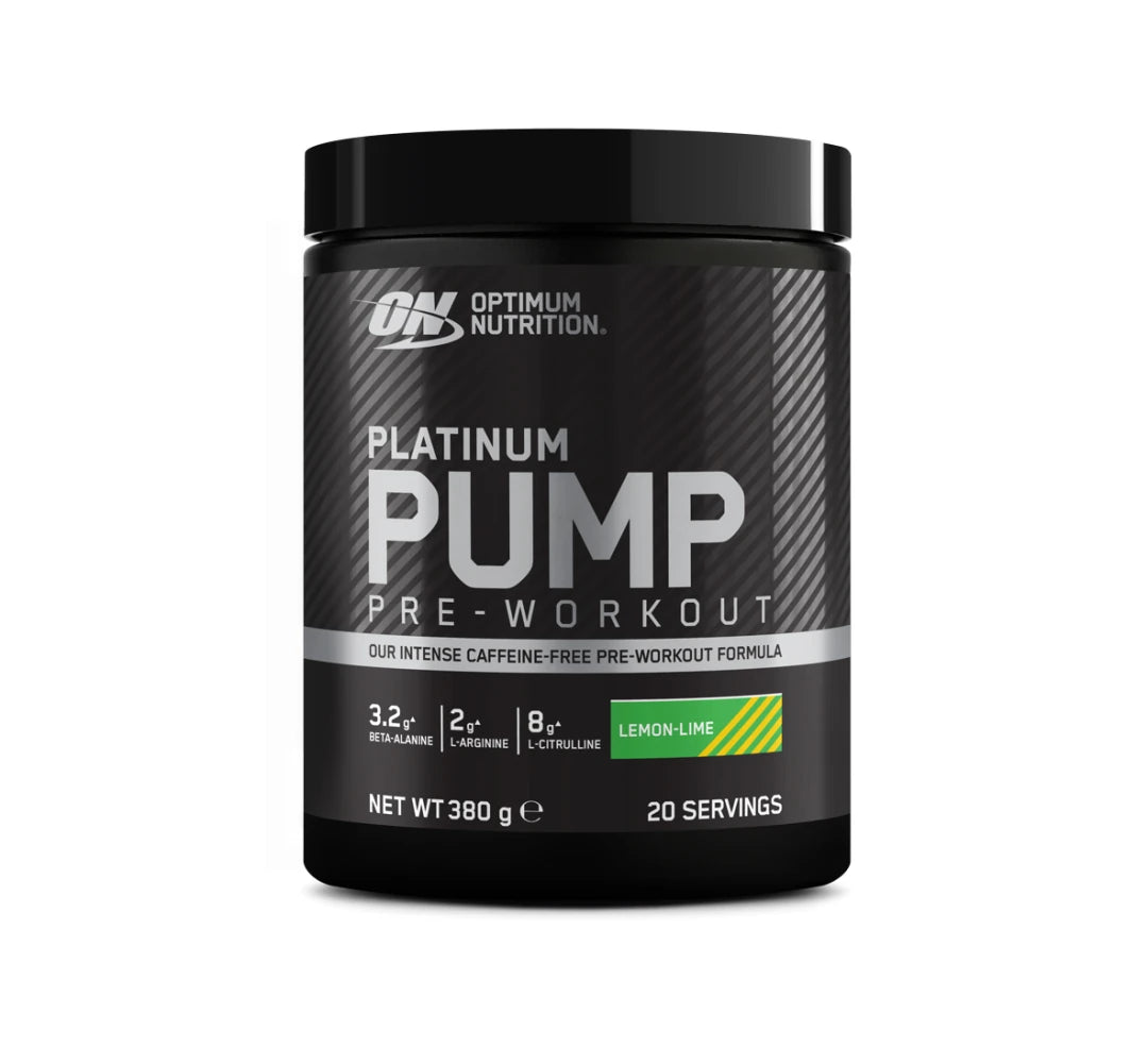 Optimum Nutrition PLATINUM PWO PUMP 380 g koffeinfritt pulver i en svart boks for smaken Lemon Lime.