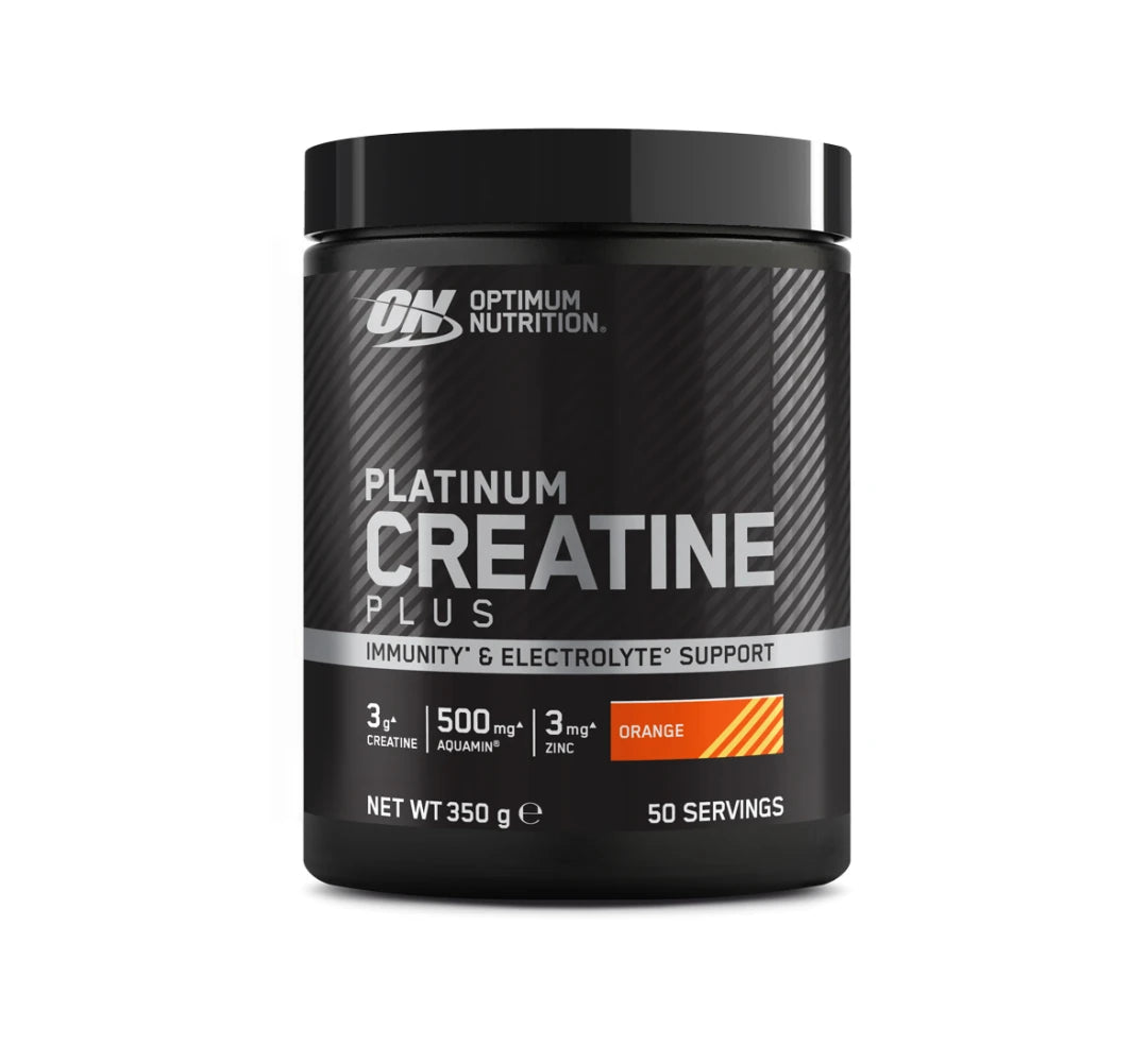 Optimum Nutrition Platinum Creatine Plus 350 g i en svart boks med sølvdetaljer for smaken Orange.