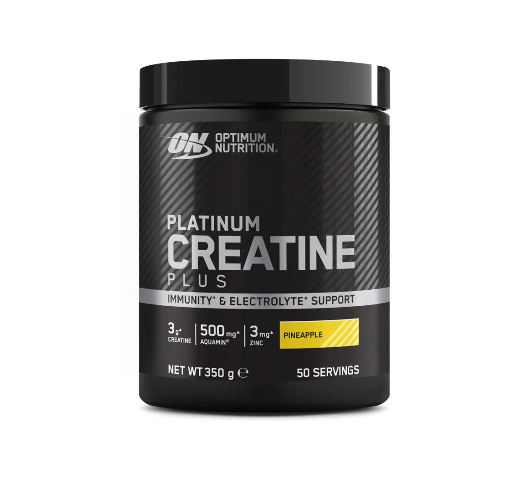Optimum Nutrition Platinum Creatine Plus 350 g kreatinpulver i en svart boks med sølvdetaljer og ananassmak.