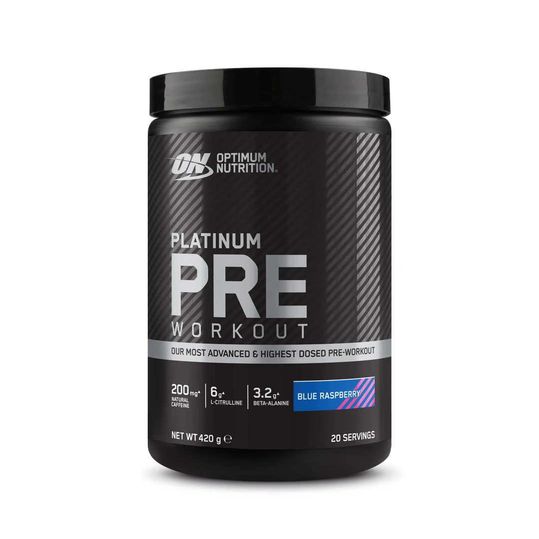 Optimum Nutrition Platinum Pre-Workout 420 g i en svart boks med sølvdetaljer for smaken Blue Raspberry., bilde 2 av 3