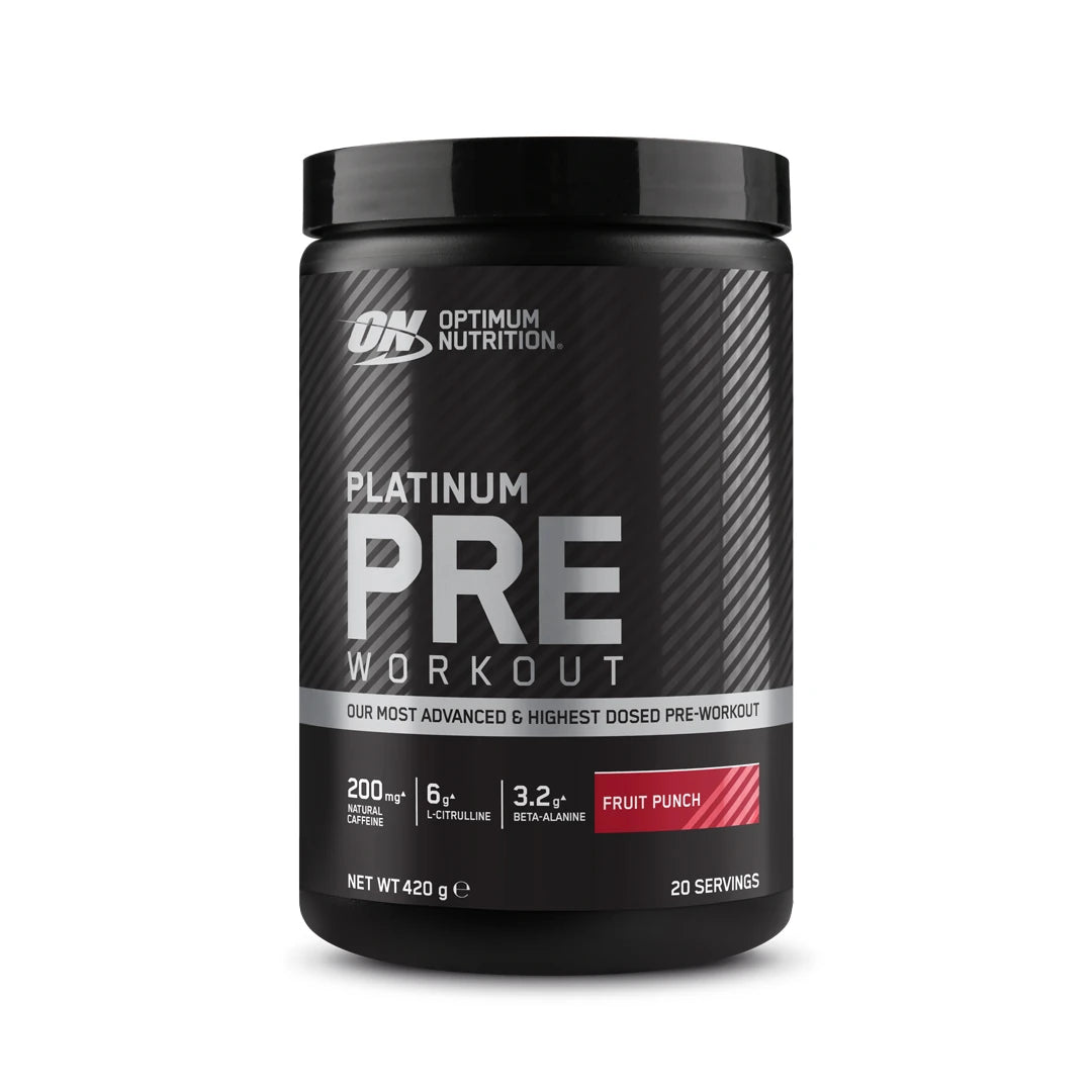 Optimum Nutrition PLATINUM PRE-WORKOUT 420 g pre-workoutpulver i en svart boks med sølvtekst og smak av Fruit Punch.
