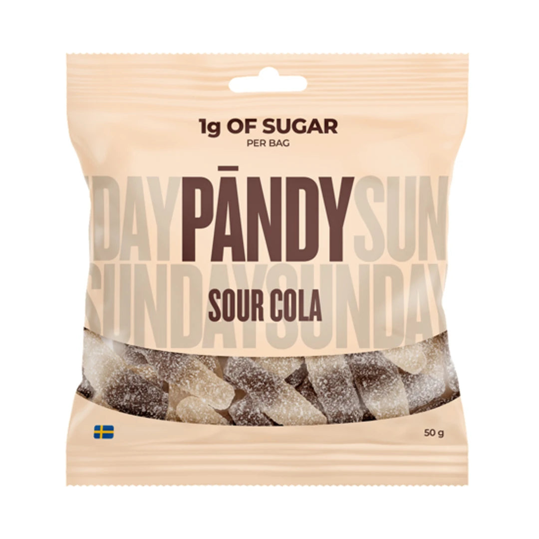 Pändy Candy Sour Cola 50 g syrlige colanapper i en lys pose med transparent vindu og brun tekst.