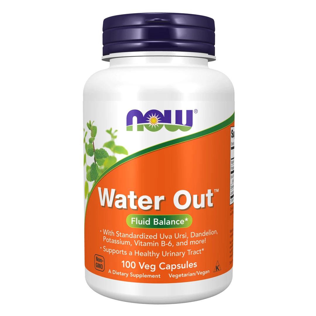 NOW Water Out™ 100 vegcaps vanndrivende kosttilskudd i en hvit boks med oransje etikett og mørkeblått lokk.