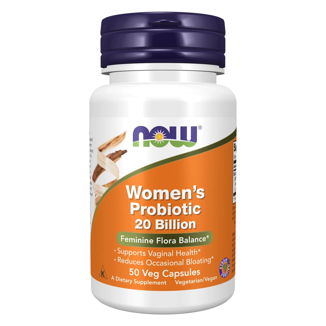 NOW Women's Probiotic 20 Billion 50 vegkapsler i en hvit plastboks med oransje etikett og mørkeblått lokk.