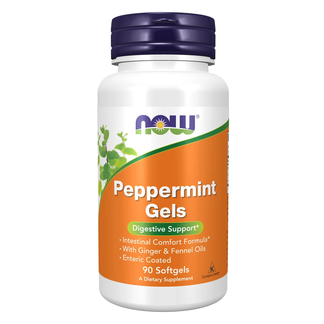 NOW Peppermint Gels 90 Softgels kosttilskudd for fordøyelsen i en hvit boks med lilla lokk og oransje etikett.