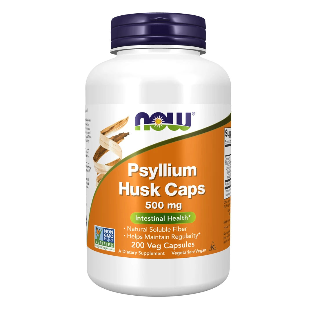 NOW Psyllium Husk Caps 500 mg 200 vegcaps kosttilskudd i en hvit boks med oransje etikett og mørkeblått lokk.