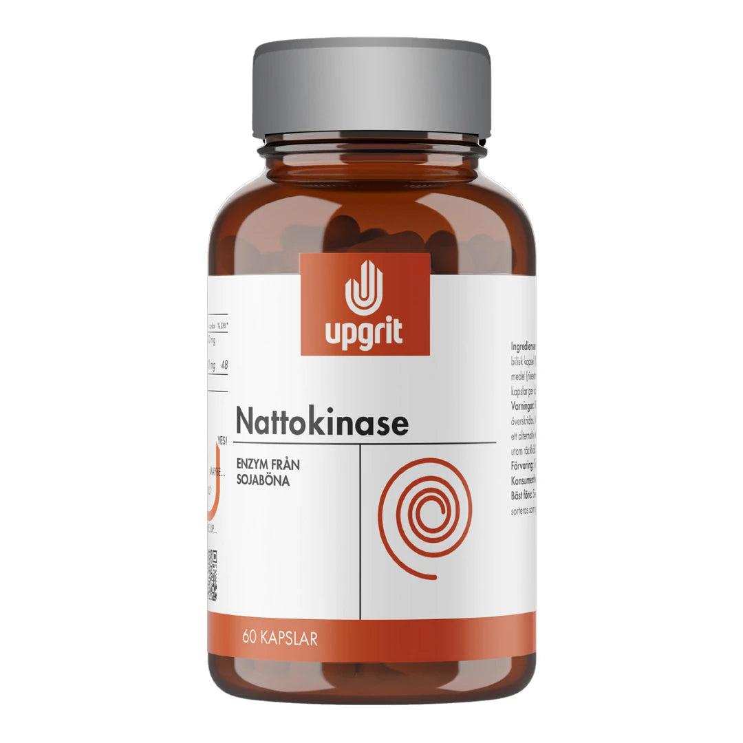 Upgrit Nattokinase 60 kapsler i en brun boks med hvit og oransje etikett og grått lokk.
