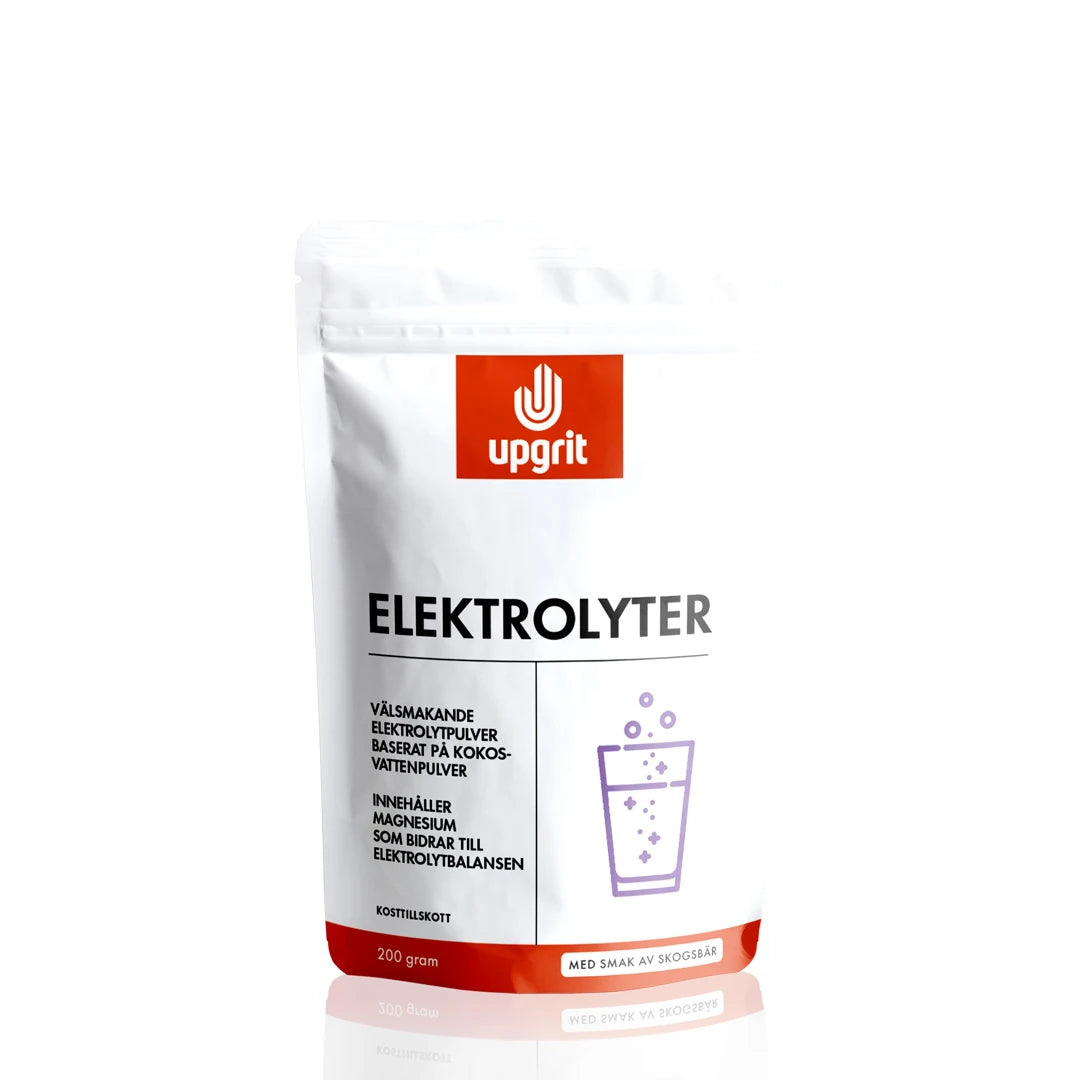 Upgrit Elektrolyter 200 g elektrolyttpulver i en hvit pose med røde detaljer for smaken Skogsbær., bilde 1 av 2