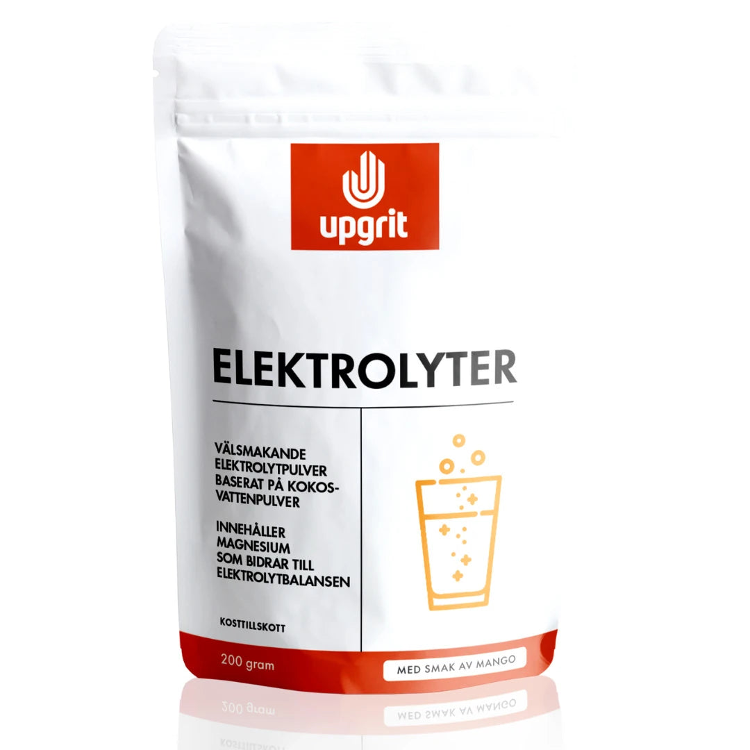 Upgrit Elektrolyter 200 g elektrolyttpulver i en hvit pose med oransje detaljer for smaken Mango.
