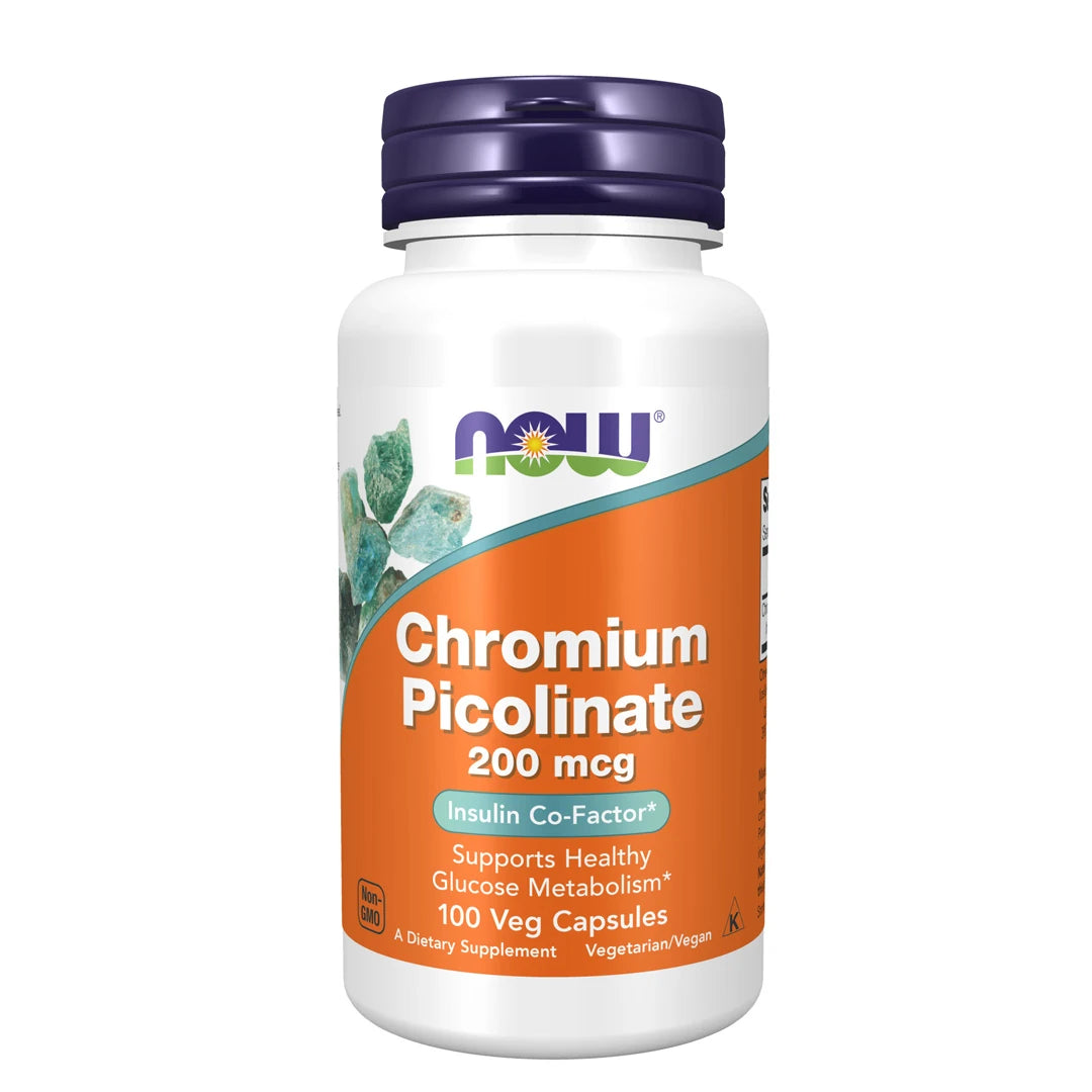 NOW Chromium Picolinate 200 mcg 100 vegcaps kosttilskudd i en hvit plastboks med lilla lokk og oransje etikett.
