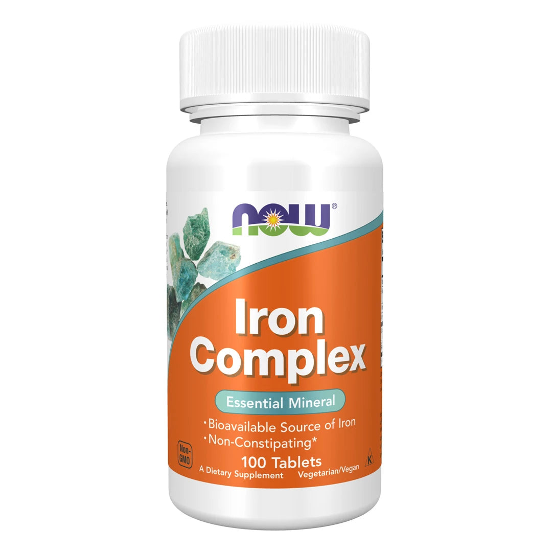 NOW Iron Complex 100 tabletter i en hvit boks med oransje etikett.