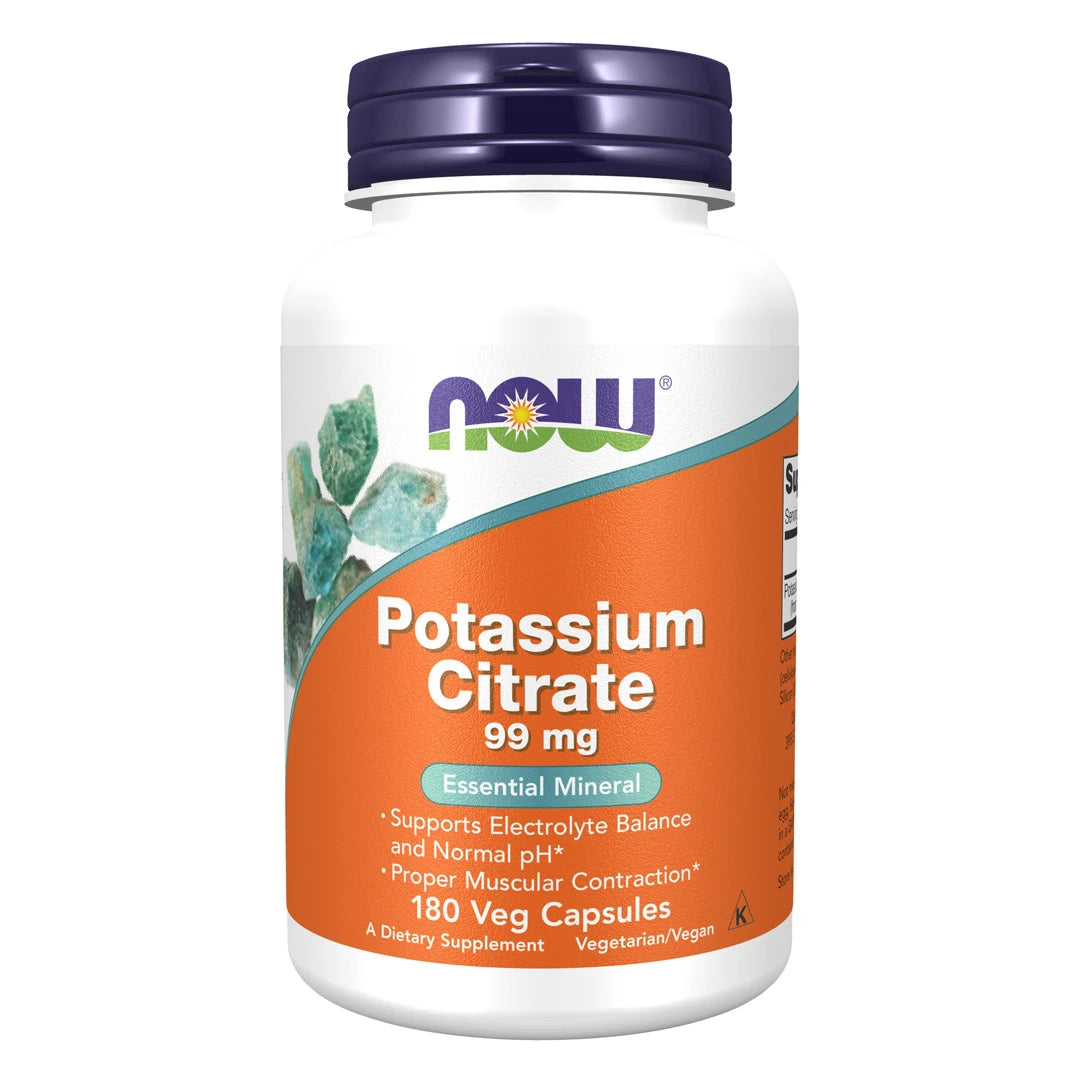NOW Potassium (Kalium) Citrate 180 vegcaps i en hvit plastboks med lilla lokk og oransje etikett.