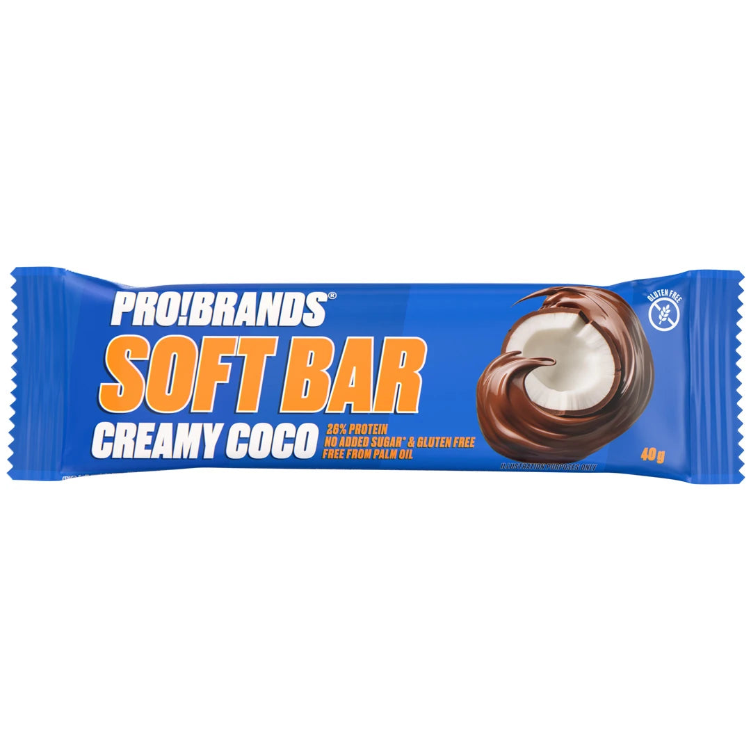 Pro Brands Softbar 40 g proteinbar i en blå forpakning med sjokolade- og kokosmotiv for smaken Creamy Coco., bilde 1 av 3