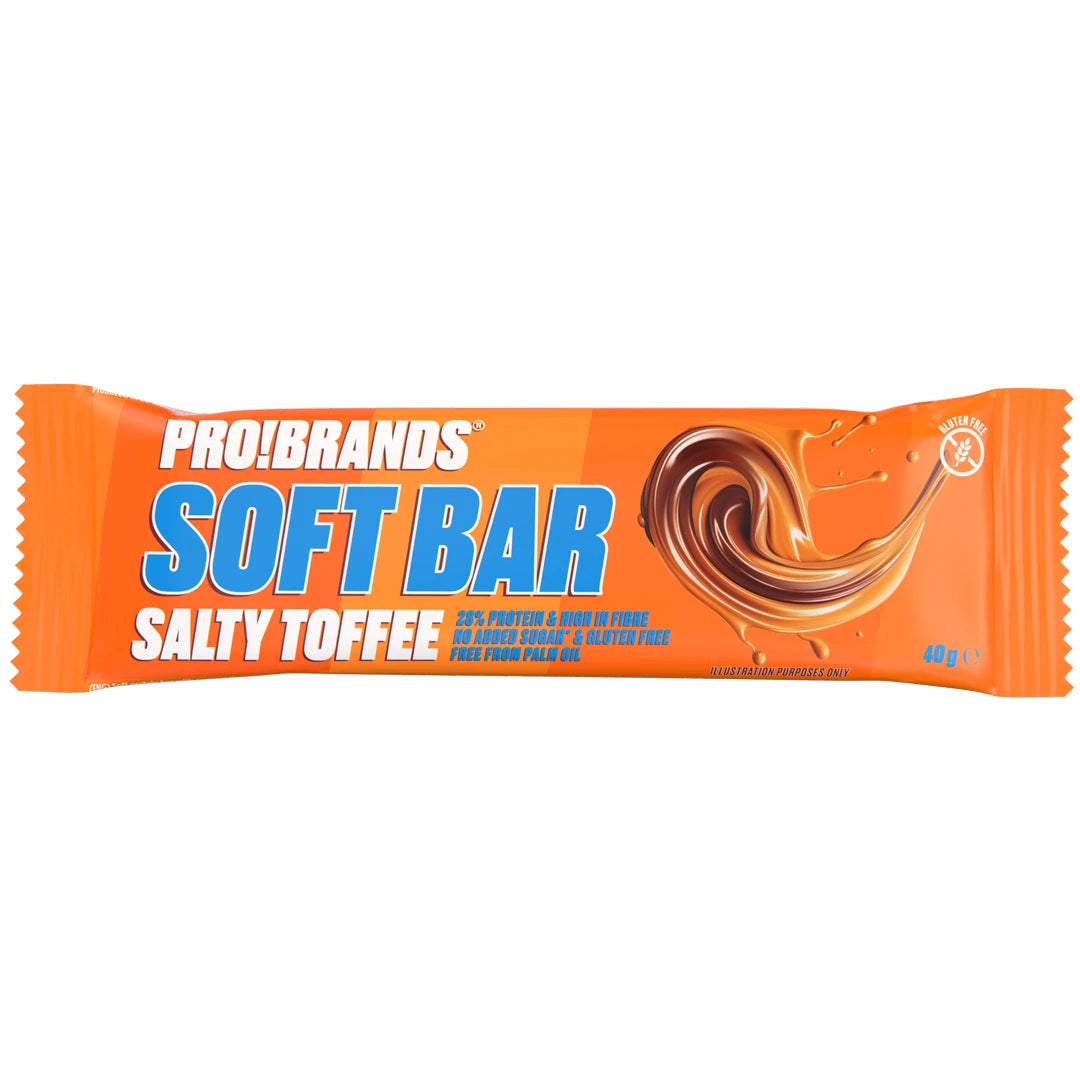 Pro Brands Softbar 40 g proteinbar i en oransje forpakning for smaken Salty Toffee., bilde 2 av 3