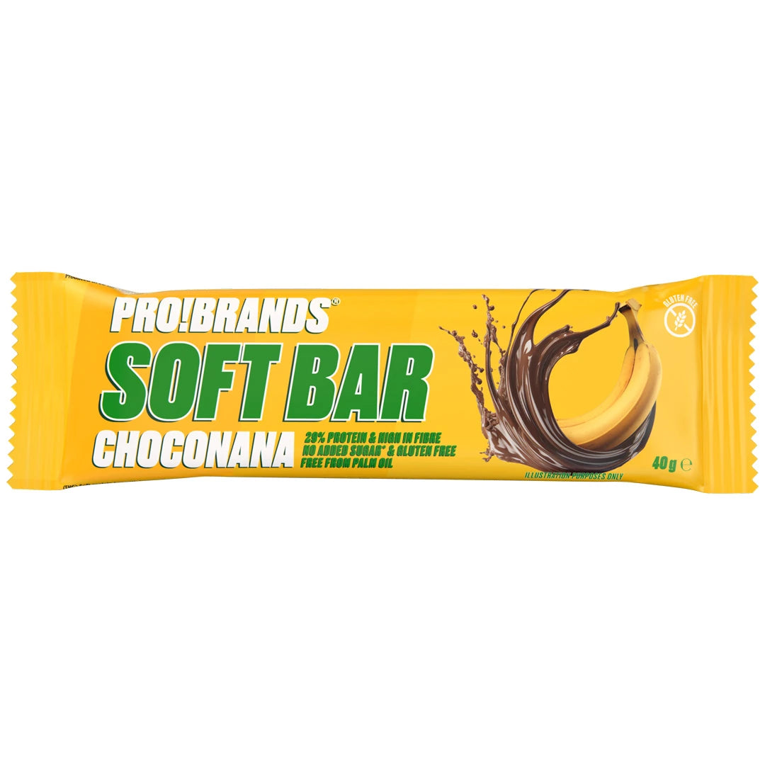 Pro Brands Softbar 40 g proteinbar i en gul forpakning med sjokolade- og bananillustrasjon for smaken Choconana., bilde 3 av 3