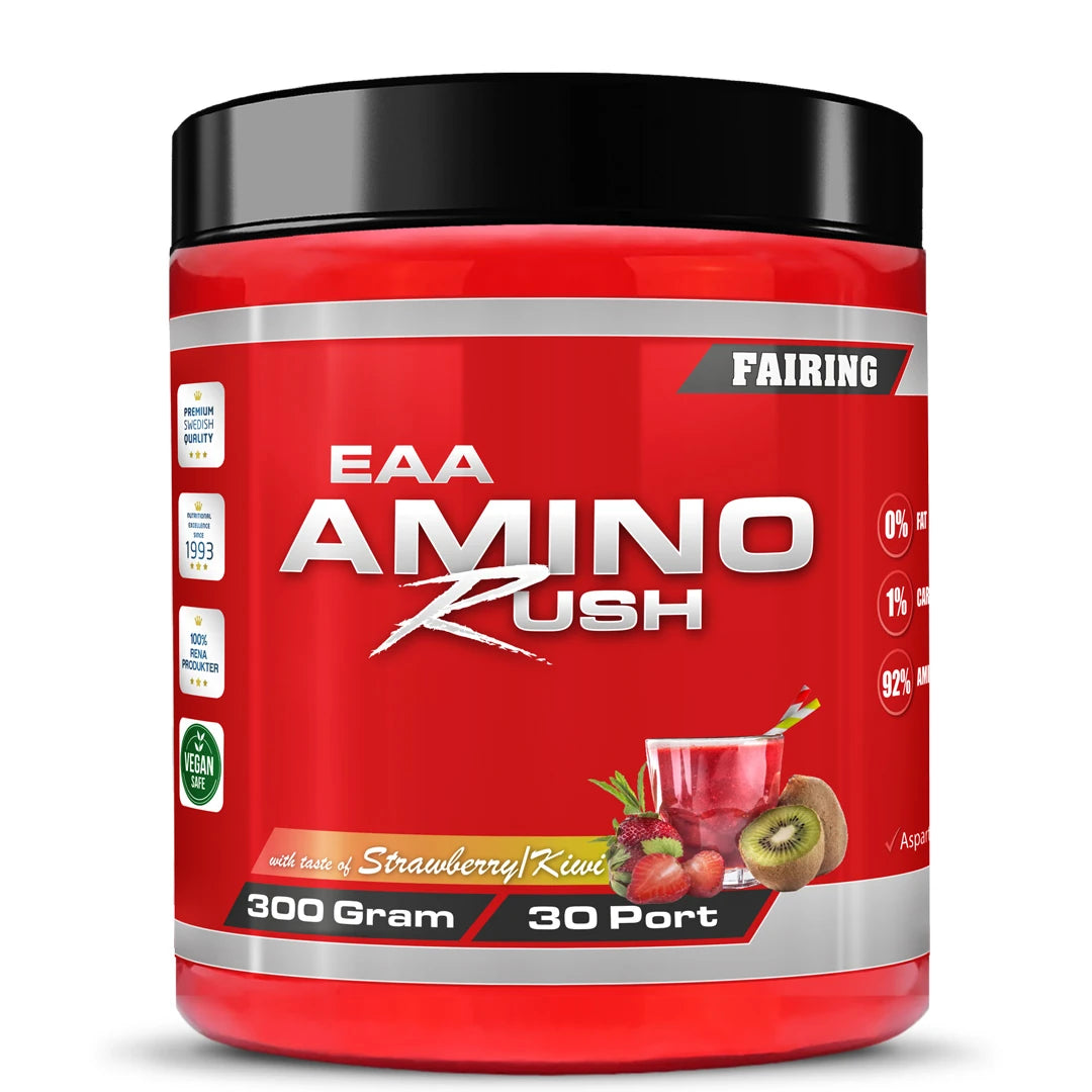 Fairing Amino Rush 300 g EAA-pulver i en rød boks med svart lokk og illustrasjon av Strawberry Kiwi.