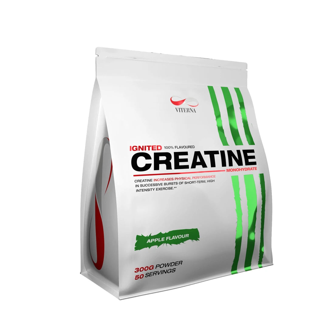 Viterna Ignited Creatine 300g kreatinpulver i en hvit pose med grønne detaljer for smaken Apple., bilde 1 av 3