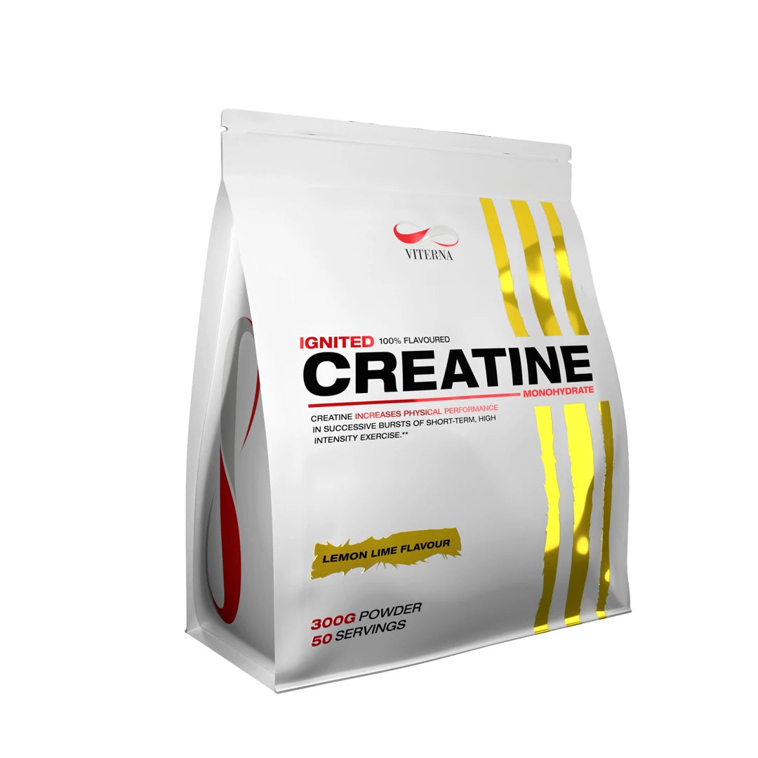 Viterna Ignited Creatine 300 g i en hvit pose med gulldetaljer for smaken Lemon Lime., bilde 3 av 3