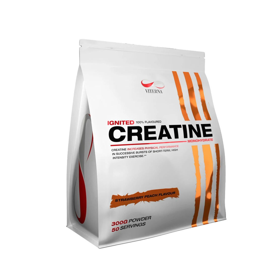 Viterna Ignited Creatine 300g kreatinpulver i en hvit pose med oransje detaljer for smaken Jordbær Fersken.