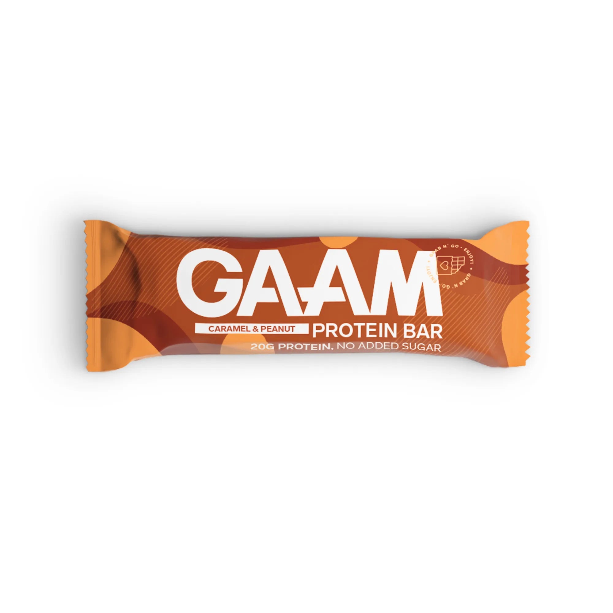 GAAM Protein & Soft bar 45 g i en oransje og brun forpakning med smaken Caramel Peanut.