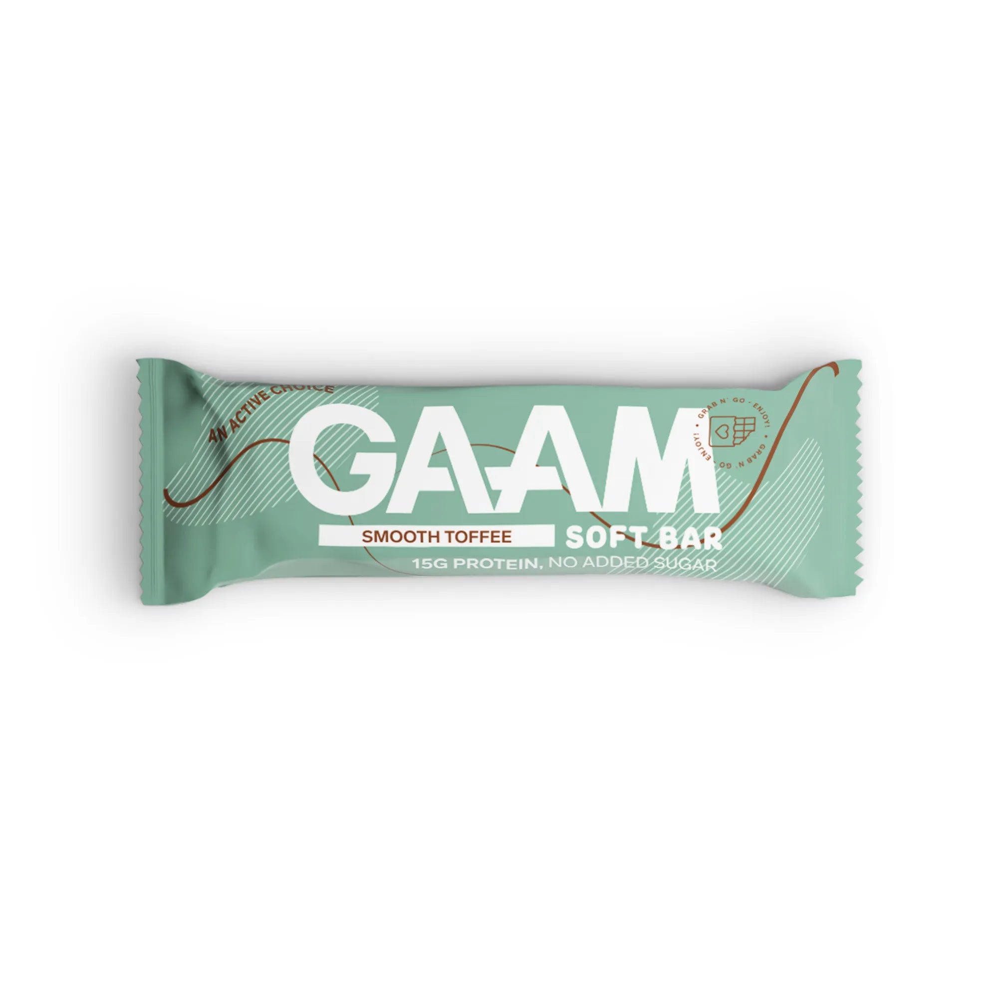 GAAM Protein & Soft bar 45 g i en lysegrønn emballasje med smaken Smooth Toffee.