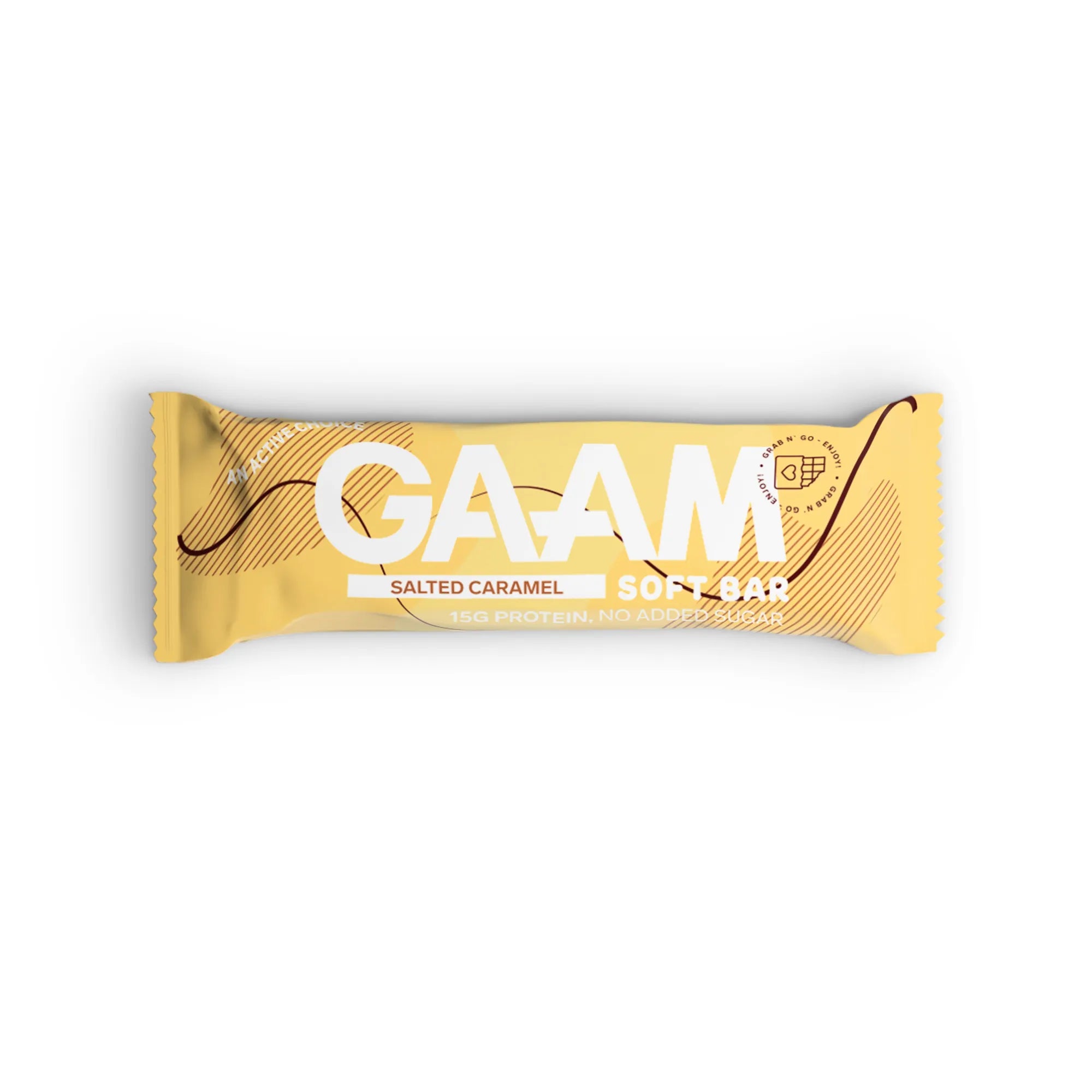GAAM Protein & Soft bar 45 g i en gul emballasje med brune detaljer for smaken Salted Caramel.