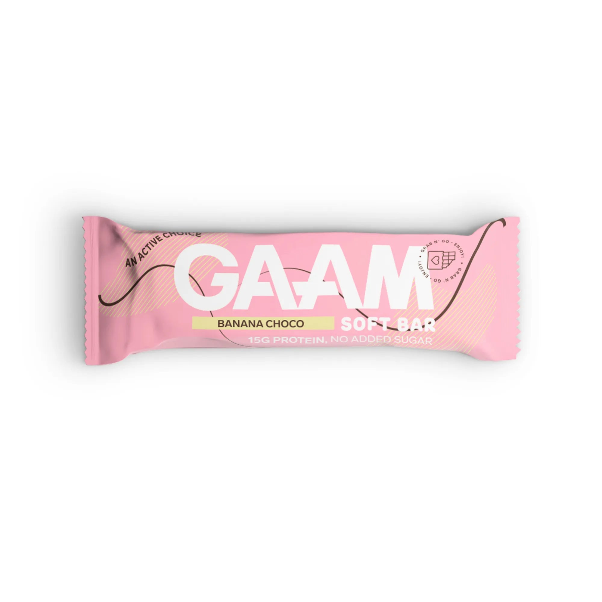 Rosa forpakning med GAAM Soft bar 45 g proteinbar i smaken Banana Choco.