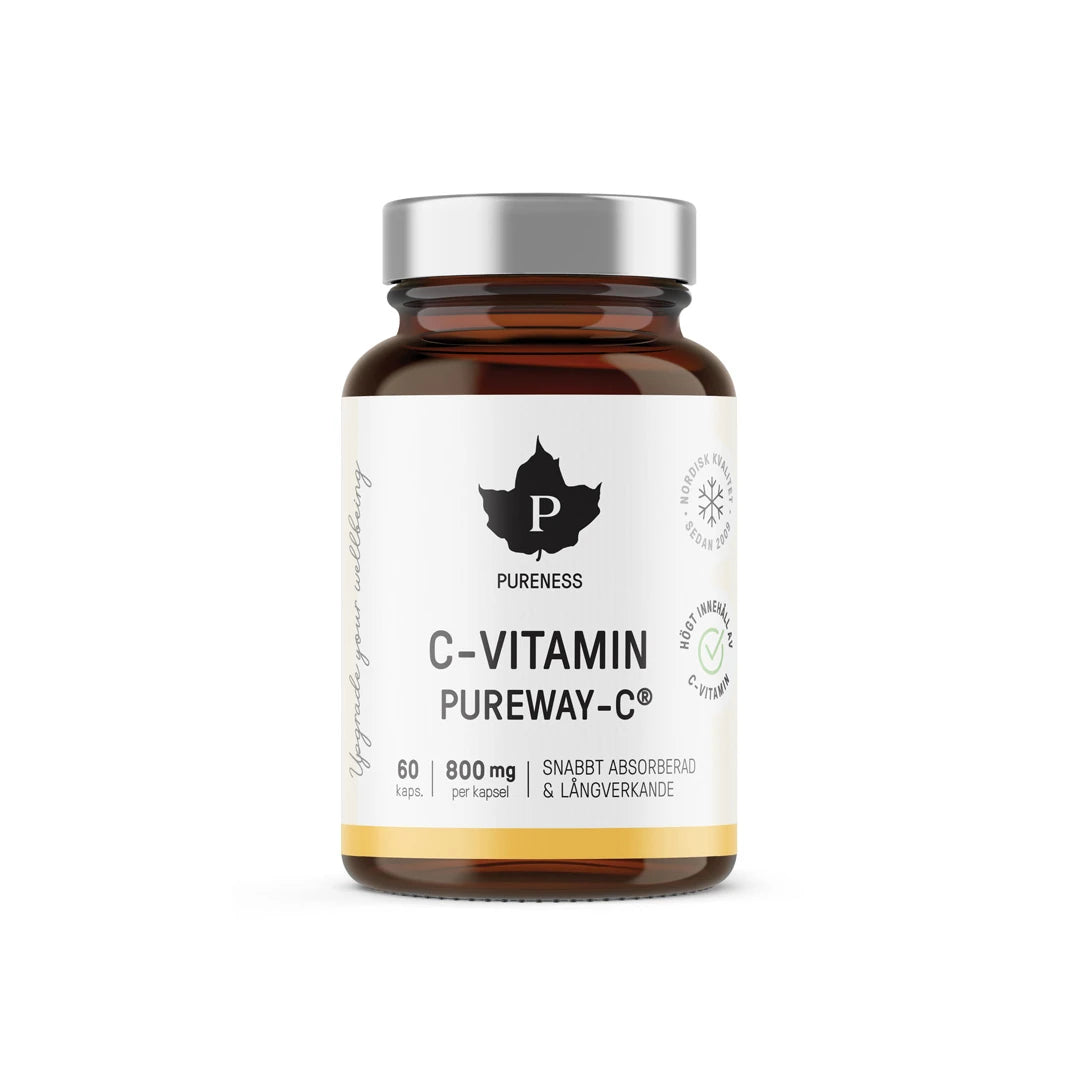 Pureness C-vitamin PUREWAY-C® 60 caps i en brun krukke med hvit etikett og sølvfarget lokk.
