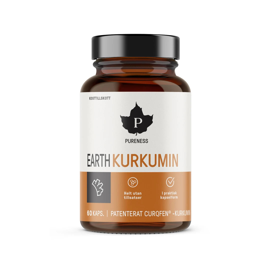 Pureness EARTH Kurkumin 60 caps i en mørkebrun glasskrukke med svart lokk og hvit og oransje etikett.