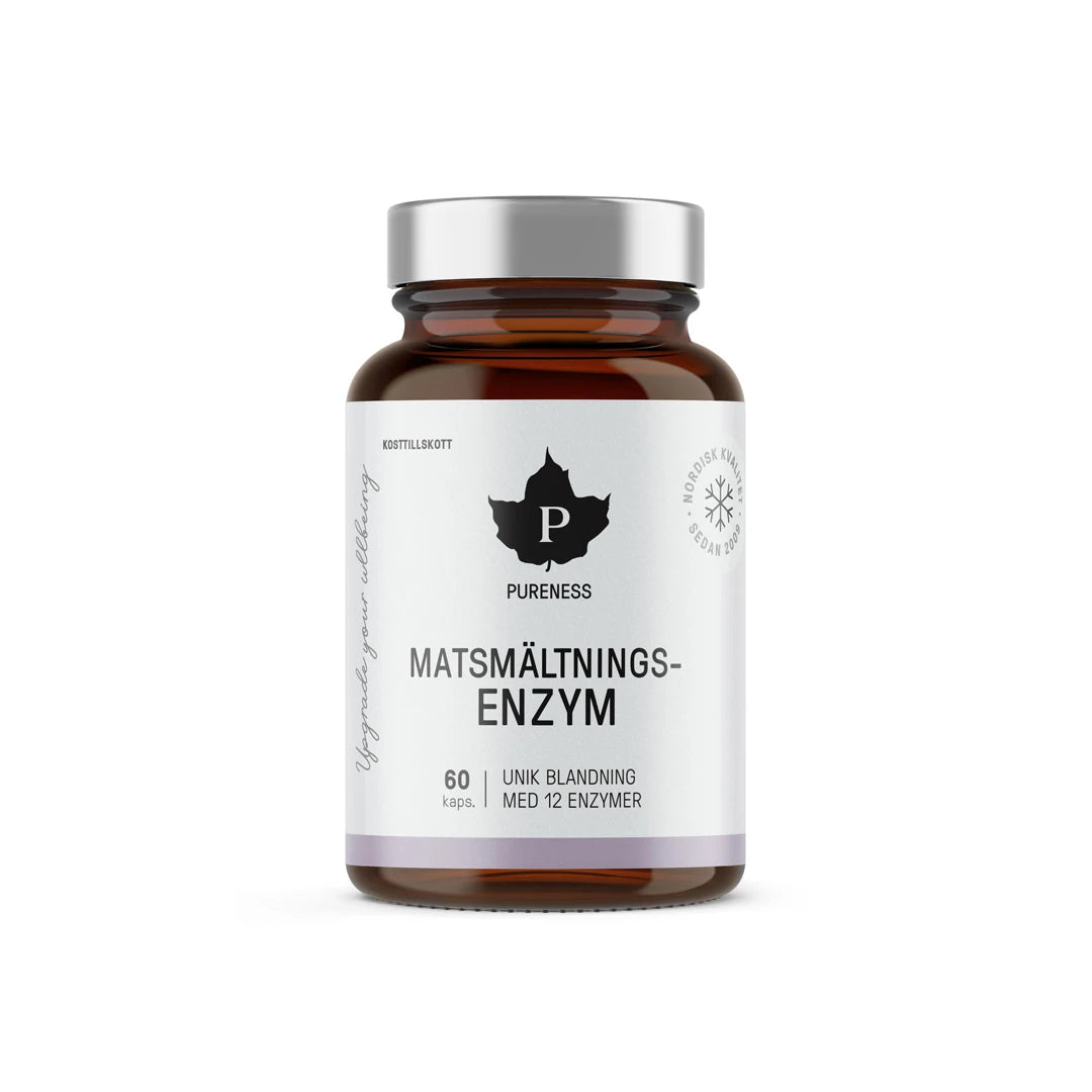 Pureness Matsmältningsenzym 60 caps i en brun boks med hvit etikett og sølvfarget lokk.